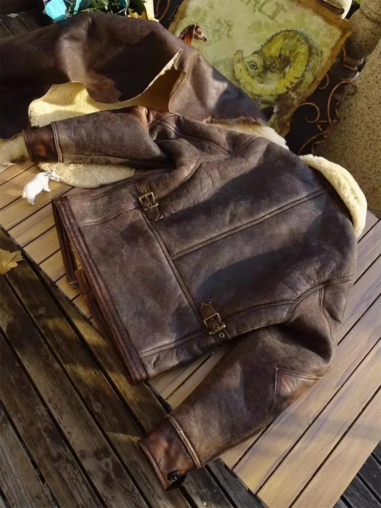 Casual Classic Vintage Mens Real Fur Motorcycle Jacket Turndown Collar Zipper Thicken Warm Genuine Leather Shearling Coat Male