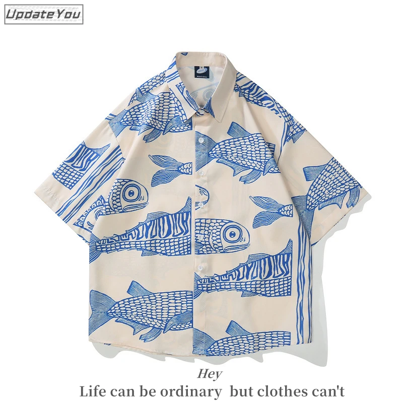 2023 Summer Oversized American Style Streetwear Fashion Small Fish Print New Personalized Mens Casual Shirts