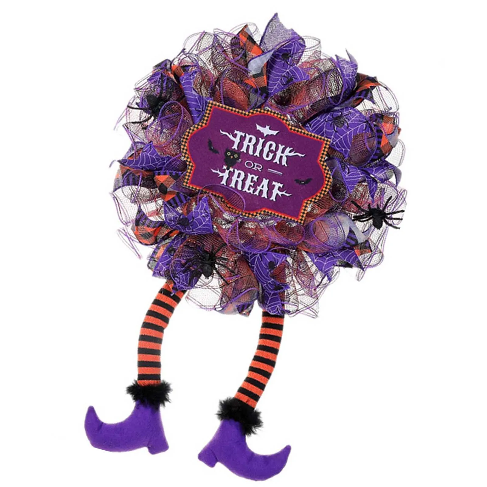 Halloween Witch Wreaths Purple Mesh Stripe Leg Window Hanging Wreaths for Home Front Door