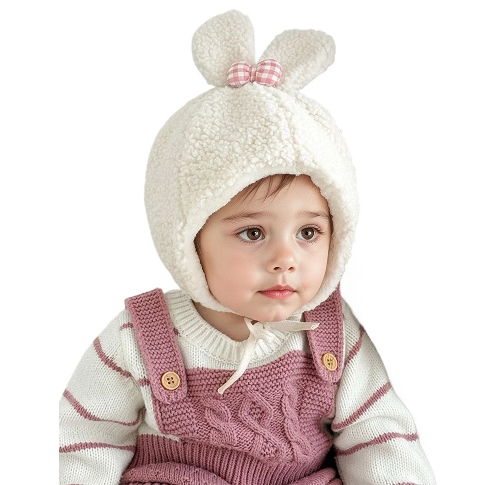 

New Plush Winter Baby Hat Warm Fleece Tie Bonnet Hat for Girls Outdoor Windproof Hat with Rabbit Ear Thicken Kids Beanies Cap