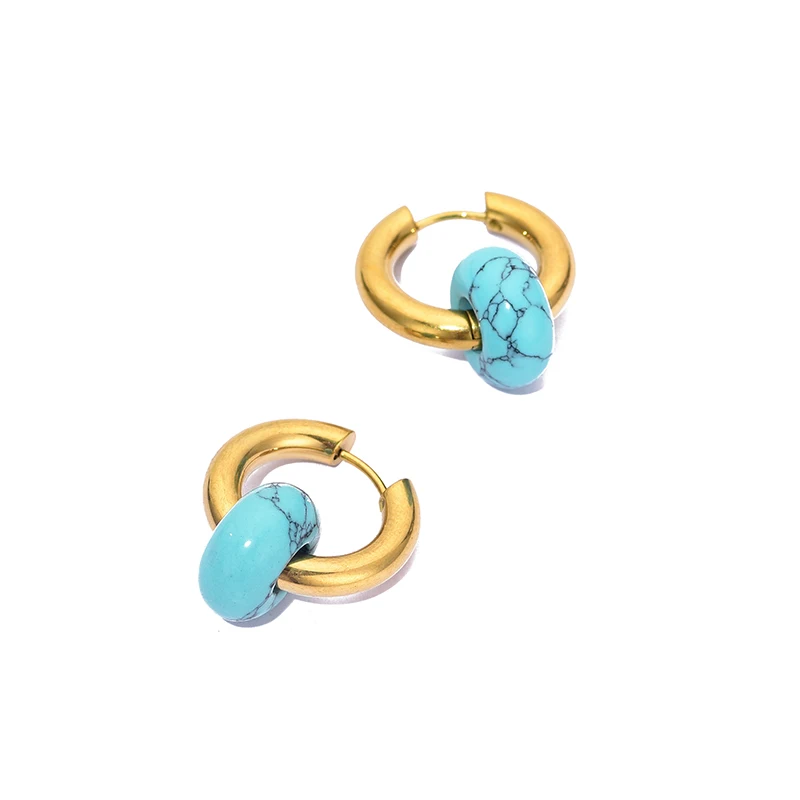 Women's Natural Stone Round Bead Hoop Earrings, Turquoise