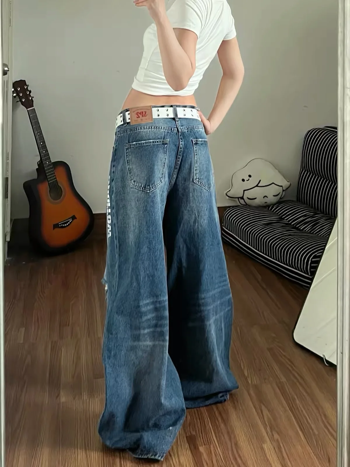 Loose Wide Leg Jeans Women's Pear Shape Body Slimming Torn Casual Floor-Length Pants American Style High Waist Denim Fabric