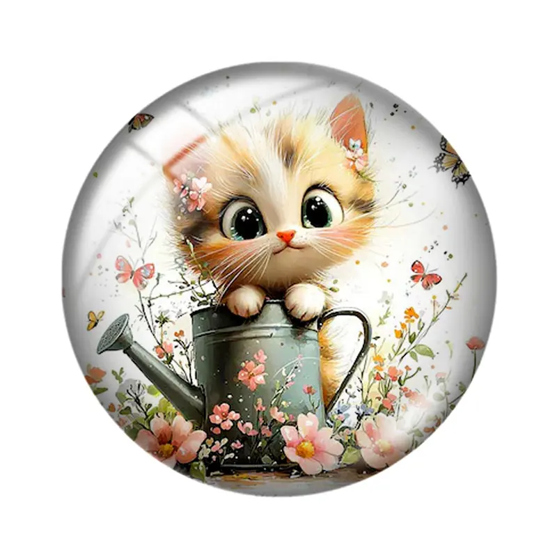คาโบชองแก้วทรงกลมลายแมวน้อยน่ารักสไตล์สีน้ำ สำหรับงานประดิษฐ์ 10 ชิ้น ขนาด 12 มม./18 มม./20 มม./25 มม. ด้านหลังแบน