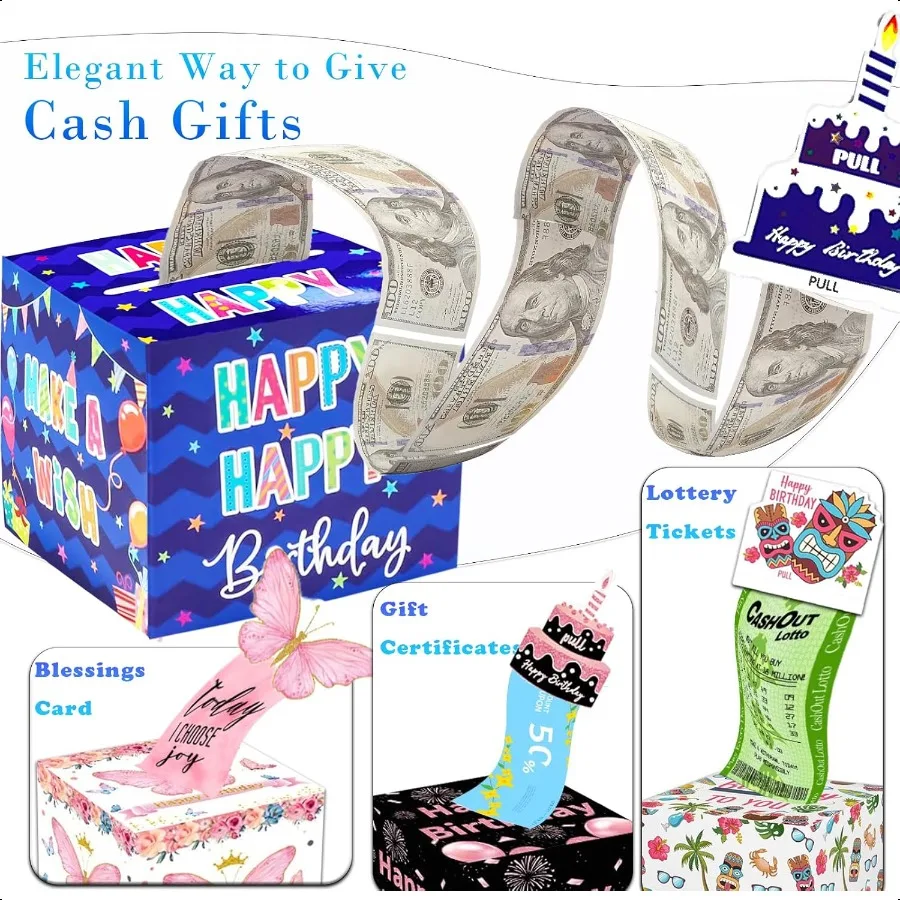 Birthday Money Box for Cash Gift Pull Surprise Money Roll Gift Box with Pull Out Card and 30 Transparent Bags DIY Set Funny Way