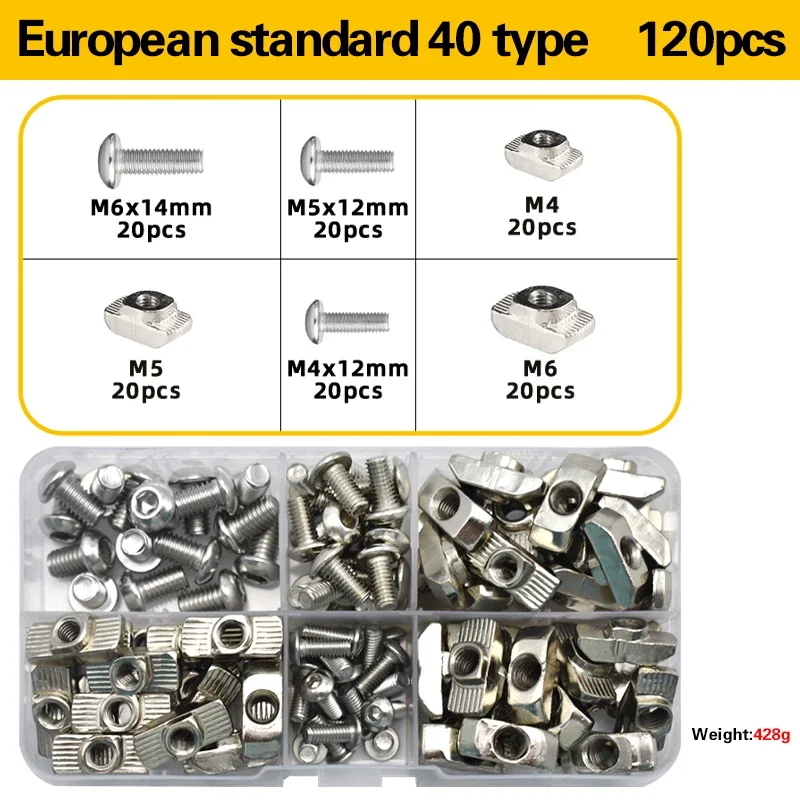 Juego de tuercas con ranura en T M3 M4 M5 M6 2020 3030 4040 T y tuercas en T con cabeza de martillo y Kit surtido de tornillos para perfil de aluminio de la serie