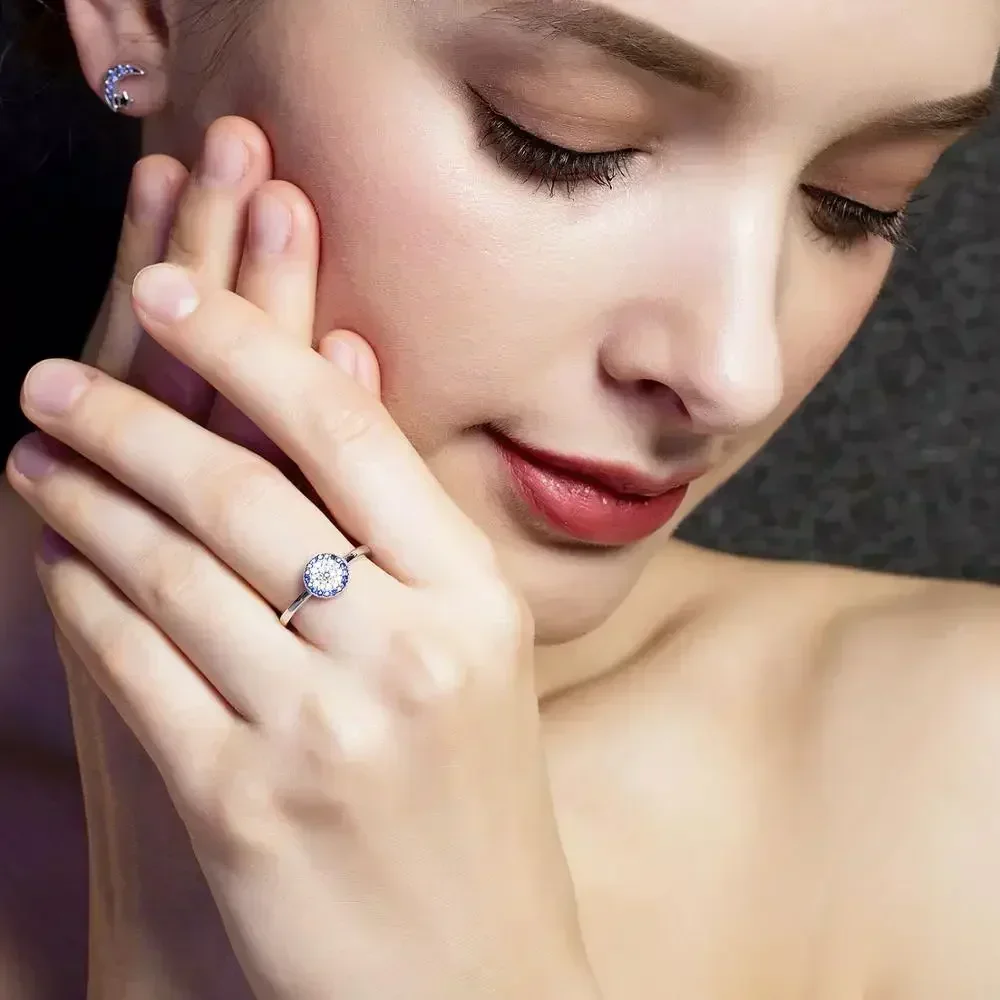 KALETINE Lucky Evil Eye 925 Sterling Silver Ring Charm Round Blue Crystal Finger Rings For Women Gift for Girl Turkey Jewelry