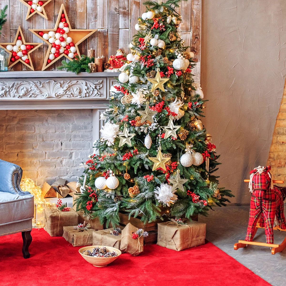 

18Pcs Hanging Christmas Decor Star Shaped Plastic Ornament for Tree Holiday Party Home Office School Celebration