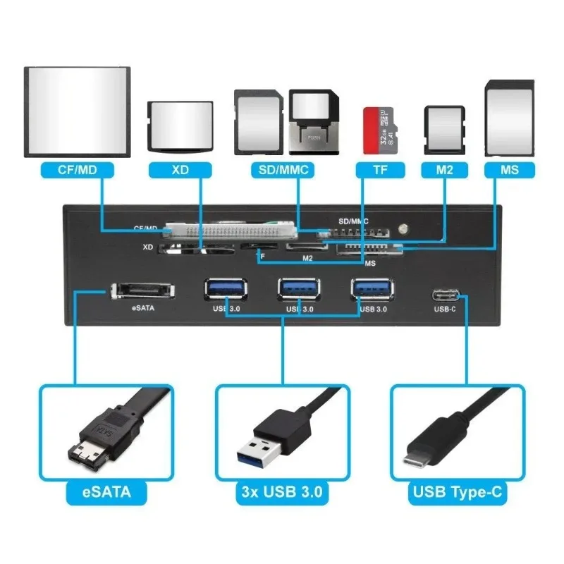 5.25 Cal komputer stancjonarny Panel przedni All-in-1 karta wielofunkcyjna czytnik z 3 portami USB3.0, USB 3.1, ESATA, obsługa karta CF