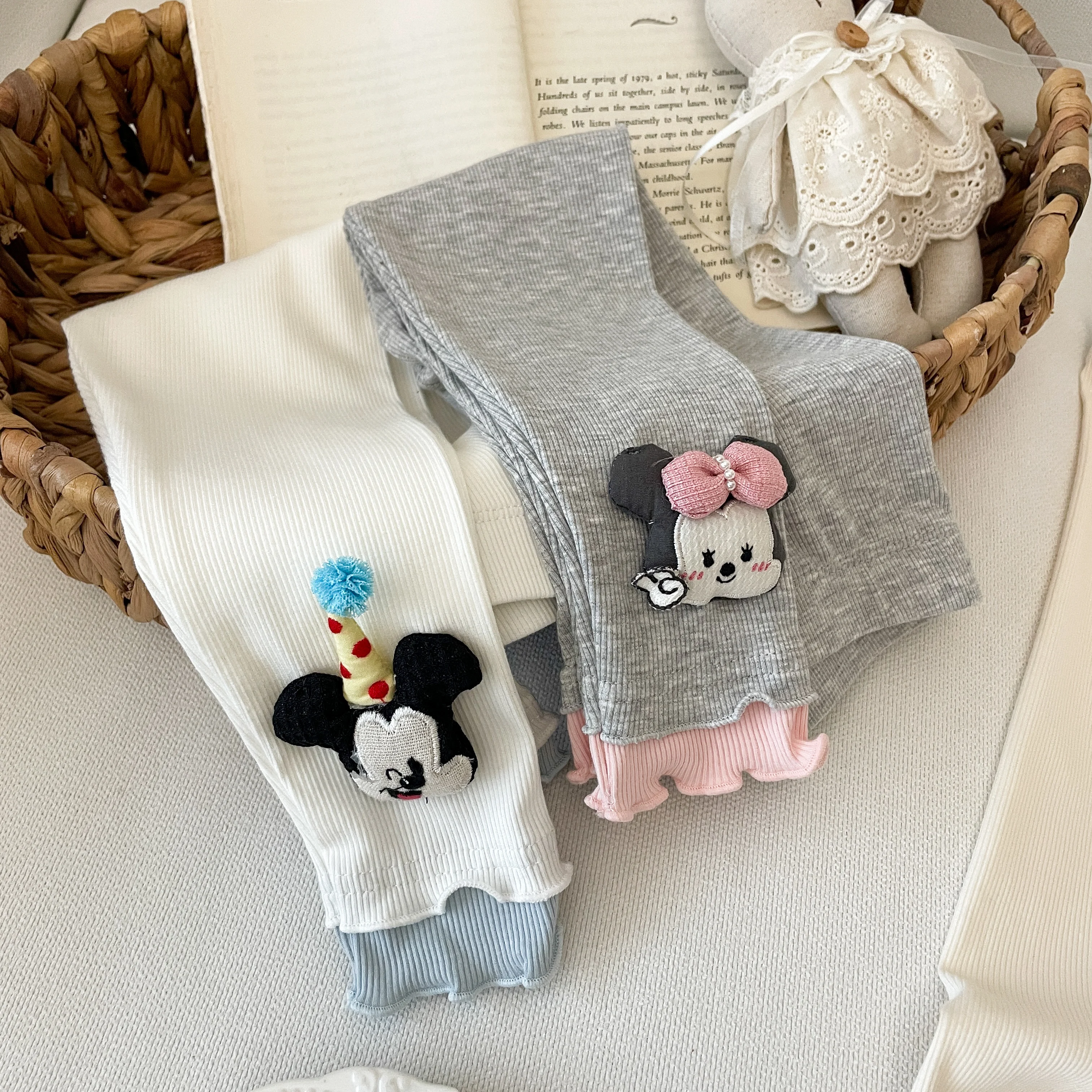 

Autumn Girls' Elastic Slim Pants New Disney Mickey Minnie Cartoon 3D Deco Pure Cotton Pants Baby Girls Leggings Trousers