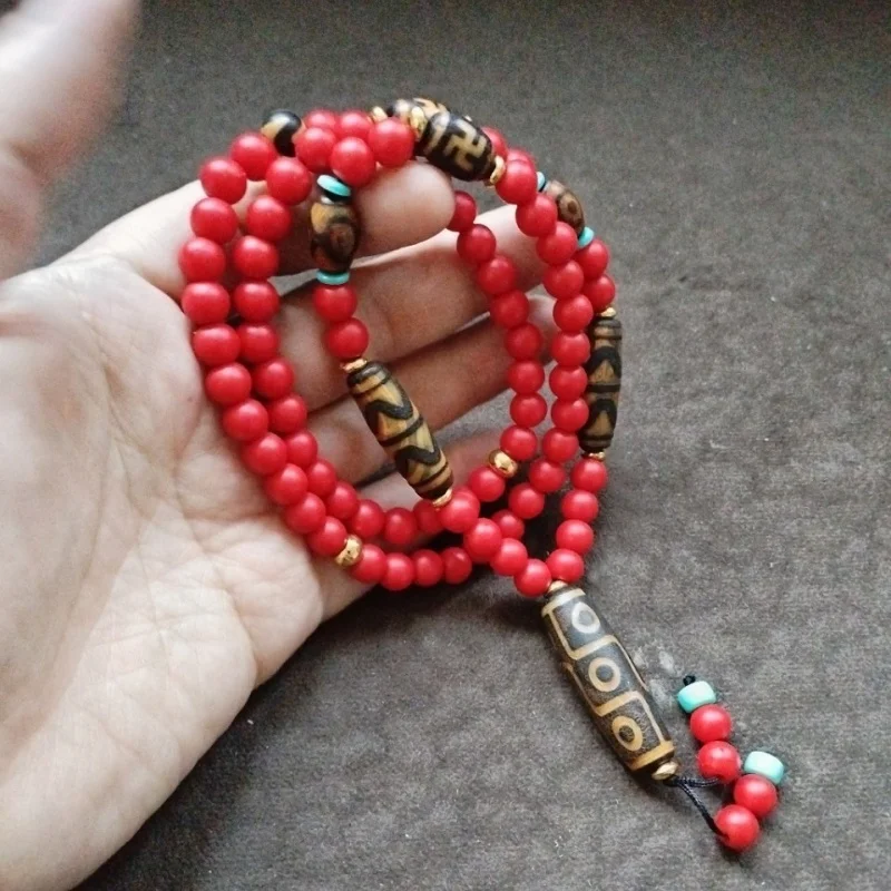 Tibetan Area Backflow Red Dzi Bead Birth Year Sweater Chain Necklace