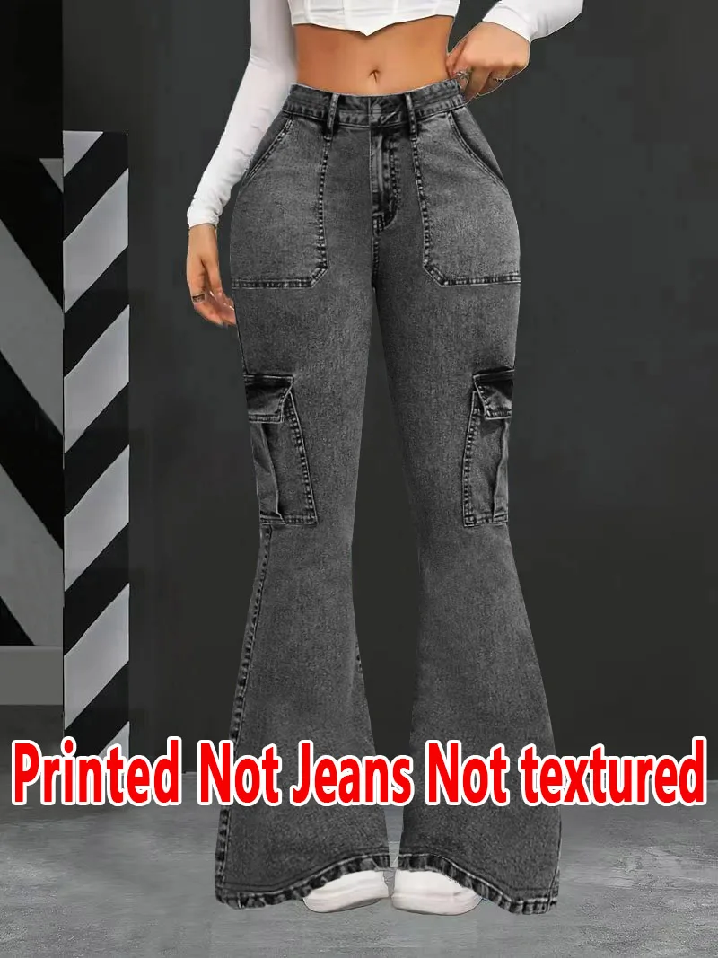 1185  Ladies Non-Leather Bell Bottom Pants Floral Print Denim Look Spring Autumn Winter Wearable Ladies Long Trousers