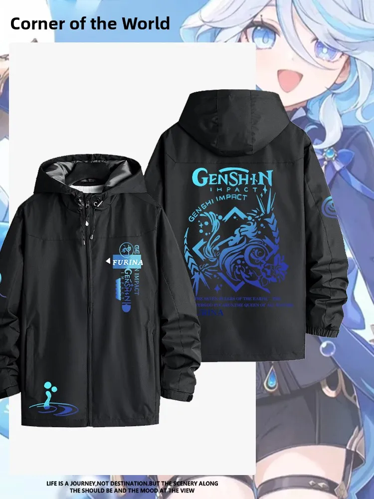 

Genin Impact Мужское осенне-зимнее пальто Jaet, повседневное свободное пальто из полиэстера с принтом и капюшоном, уличное пальто