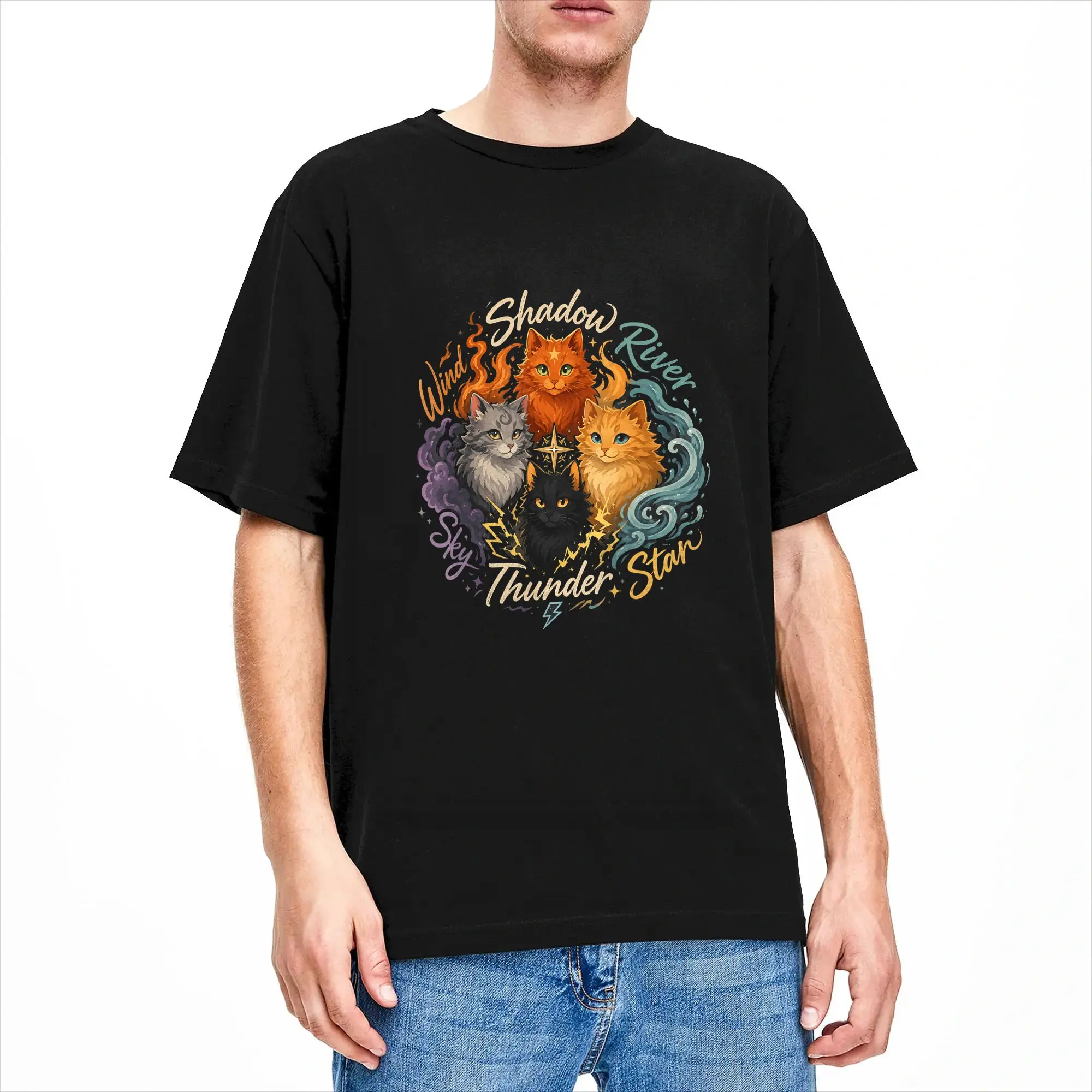 Star Thunder Sky Cat Feline T-Shirt Summer Fire Star Cat T-Shirts Men Cotton O-Neck Plus Size 5XL Tees Short Sleeves Y2K Tops