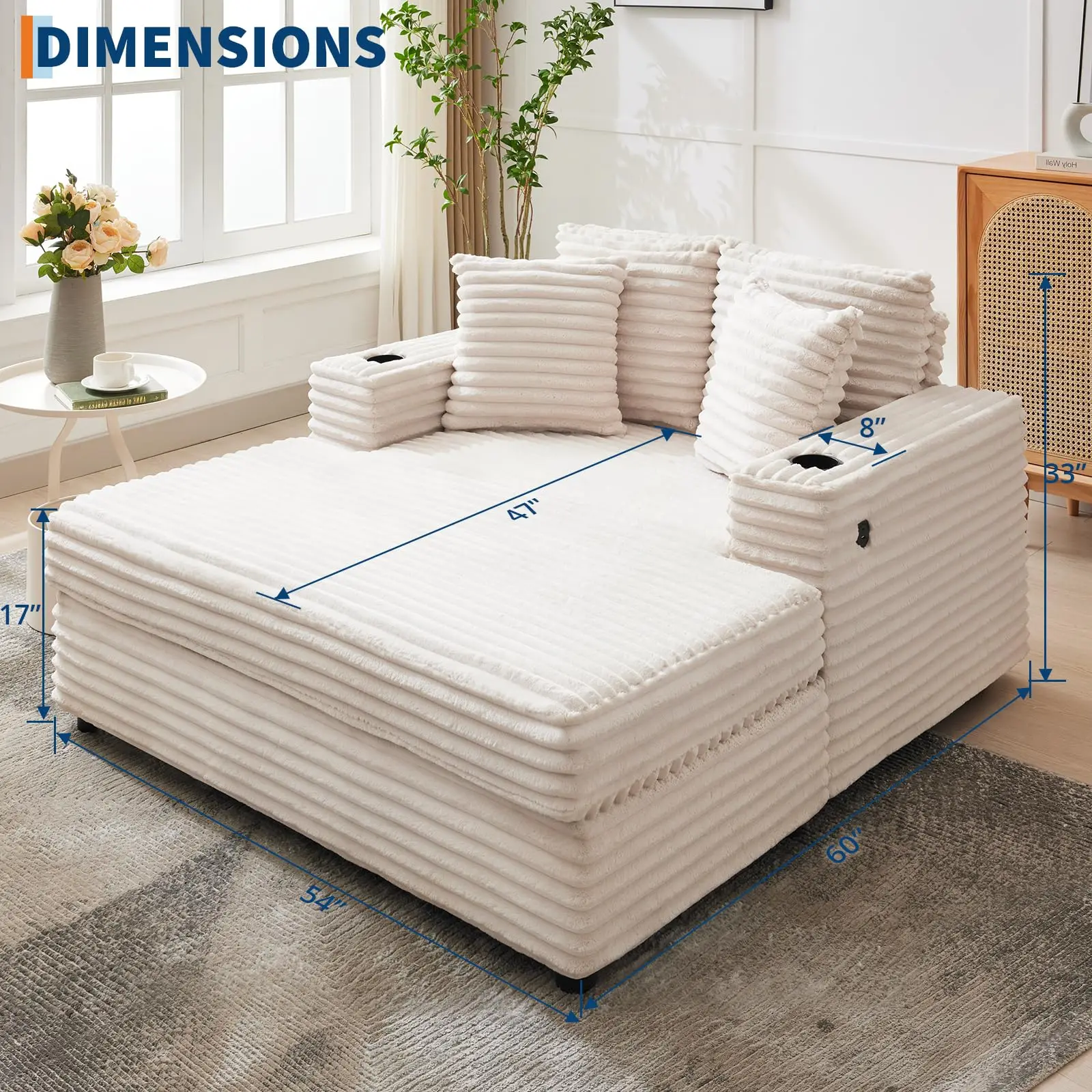 60 Inch Oversized Chaise Lounge Chair Corduroy Cloud Sofa Bed With USB Type C Port Cup Holders Pillows For Living Room Bedroom image 2