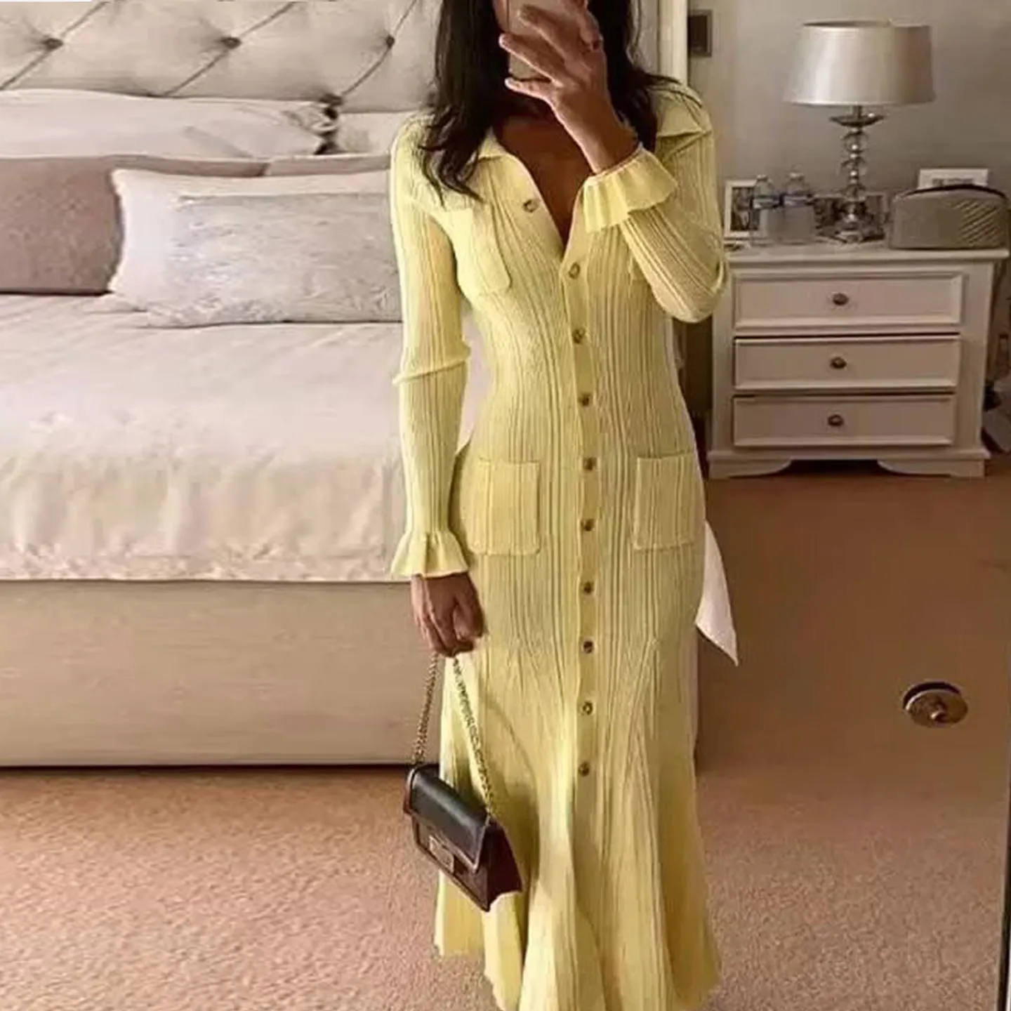 Ele Long Sve Dr with Stand Collar Single Button Personali Women's Faion Autumn New Arrival Z Ladies Dr