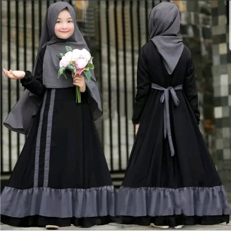 Muslim Prayer Dress with Headscarf for Children Islamic Jilbab Abaya for Kids Long Robe for Girls Islamic Kaftan Gown Ramadan