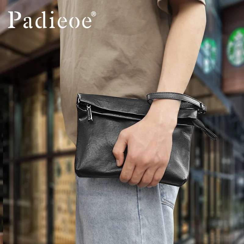 PADIEOE Men\'s leather messenger bag Large capacity shoulder bag Men\'s messenger bag Cowhide horizontal backpack Men\'s bag