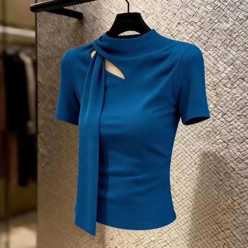 Temperament Slim Hollow Out Solid Short Sleeve T Shirts New Summer O-neck Simplicity Elegant Tops Sexy Fashion Women Clothing