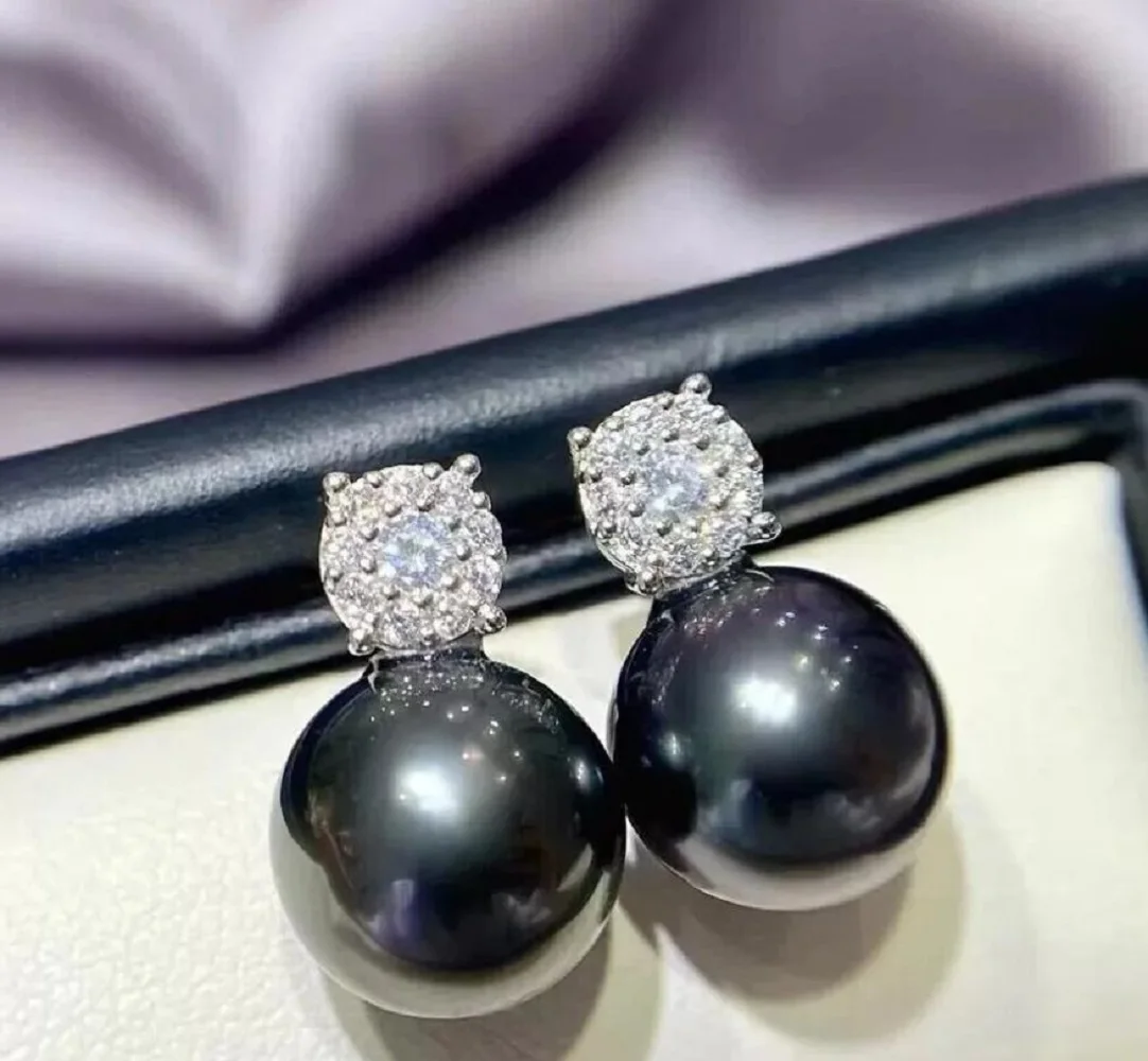 

Amazing Pearl Earrings AAAA10-11mm 9-10mm Natural Tahitian Round Black Pearl Earrings 925s