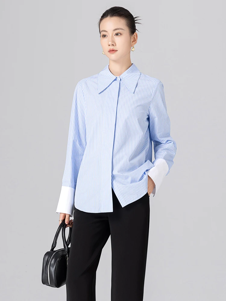 

Manera Commuter Blue Striped irt Women's arp Collar Long Sve Cotton Blend Fabric Straight Cut Simple Sle Spring 2025