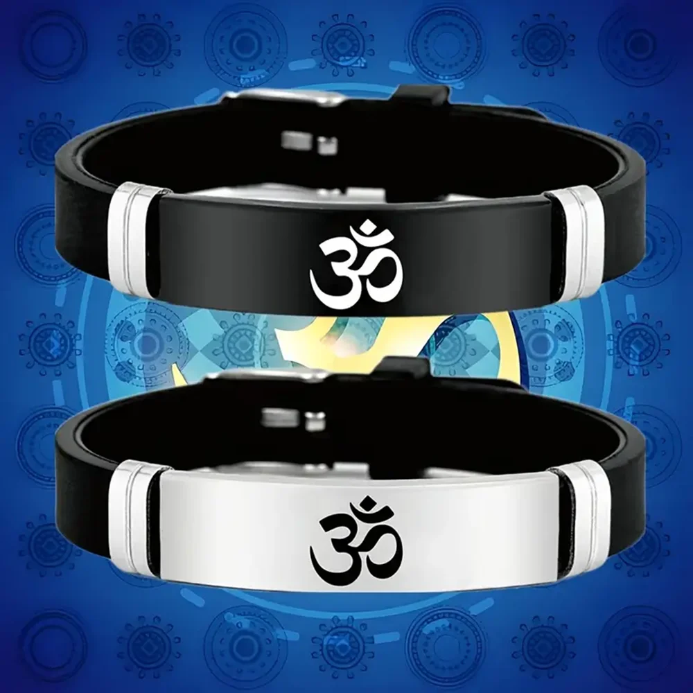 Indische Sanskrit OM-Armbänder aus Edelstahl für Männer und Frauen, modischer gravierter Silikon-Armreif, Hinduismus, Yoga, Energie, Schmuck, Geschenk
