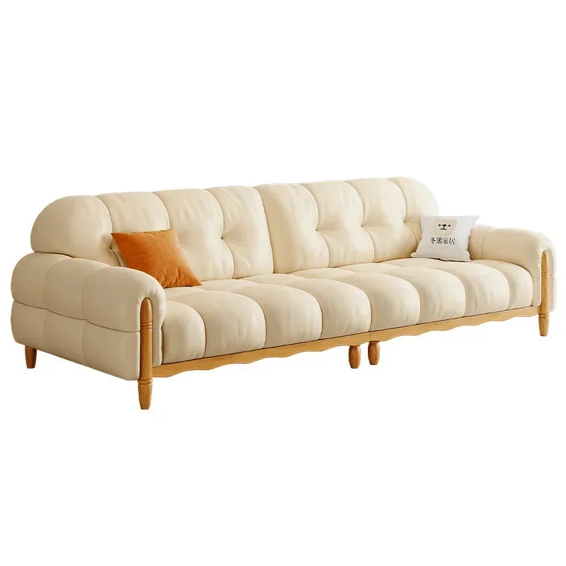 French Cream Log Puff Sofa Cloud Marshmallow Straight Row Solid Wood Leather Sofan29