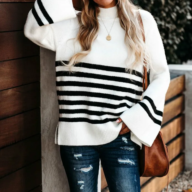  Fashion Striped Turtleneck Sweater Ladies Elegant Pullover Casual Autumn and Winter Flared Sleeve Loose Knit Sweater