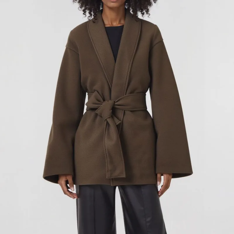 

Новое зимнее женское шерстяное пальто трапециевидной формы с длинными рукавами и поясом