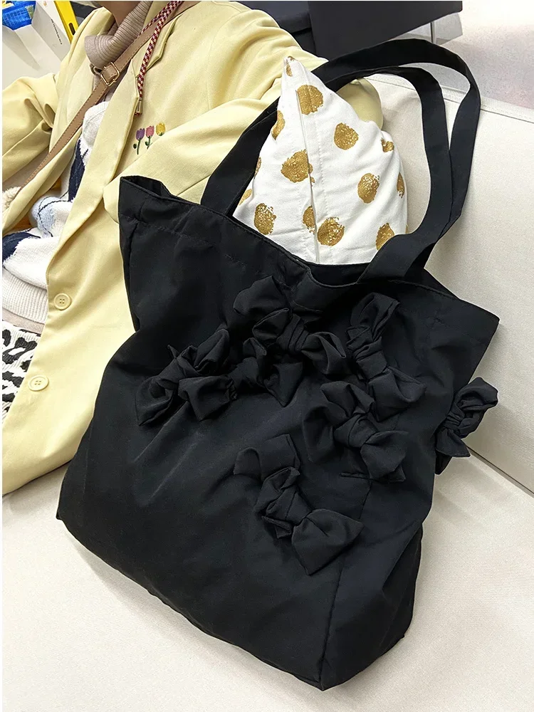 Women Bag Canvas Lazy Style Large High-Capacity Apricot Bow Portable Travel Shoulder Bag For Women Tote Bag Sweet Girls Bag