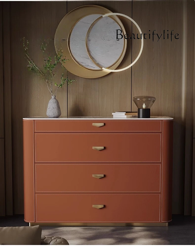 

Light luxury saddle leather dining side cabinet Modern simple wall rock slab mystery cabinet Integrated high cabinet