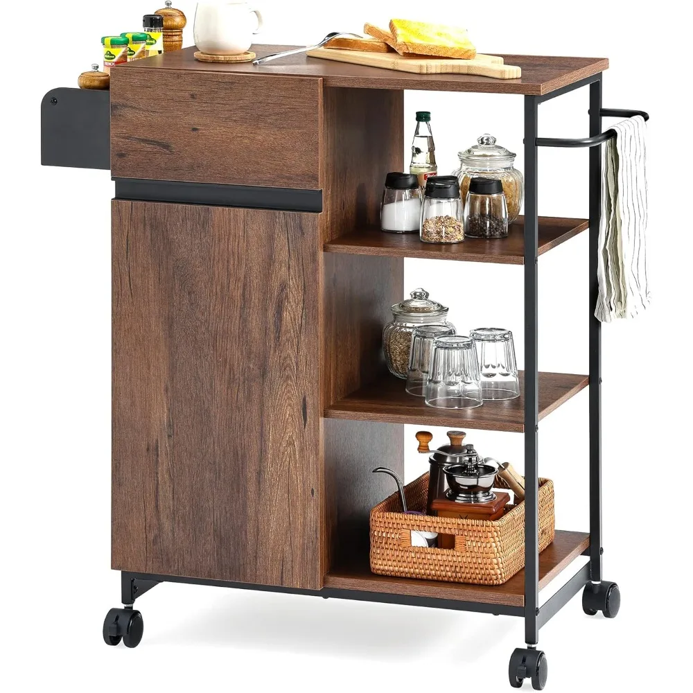 Kitchen Cart with Door Storage，Rolling Trolley Island with Open and Adjustable Shelf for Small Space,Rustic Brown