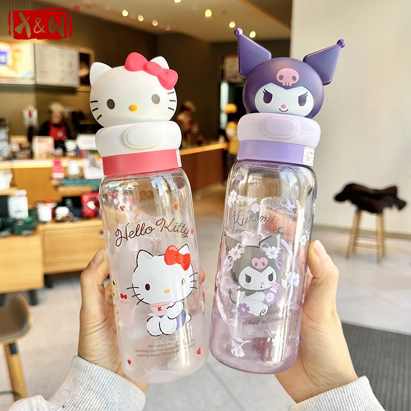 X&W Kawaii Sanrio Doll Transparent Cup Cartoon HelloKitty Kuromi Plastic Water Bottle Outdoor Camping Water Cup For Kid Student