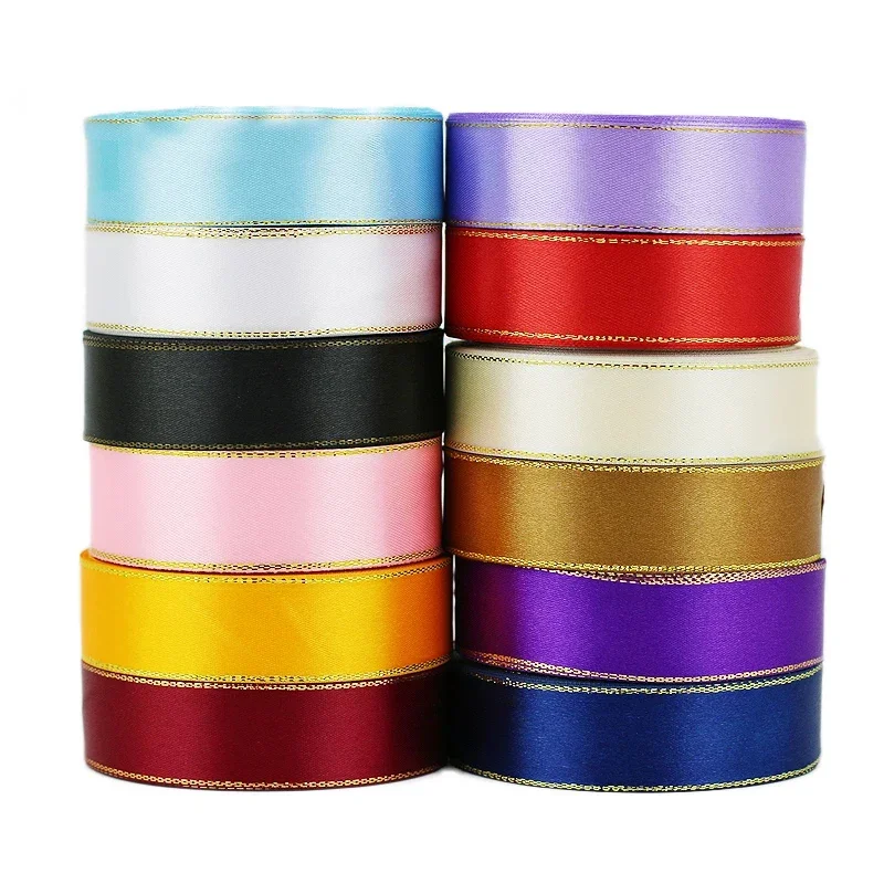 

(25 Yards/roll) 25mm Gold Edge Satin Ribbon Wholesale High Quality Gift Packaging Ribbons Diy
