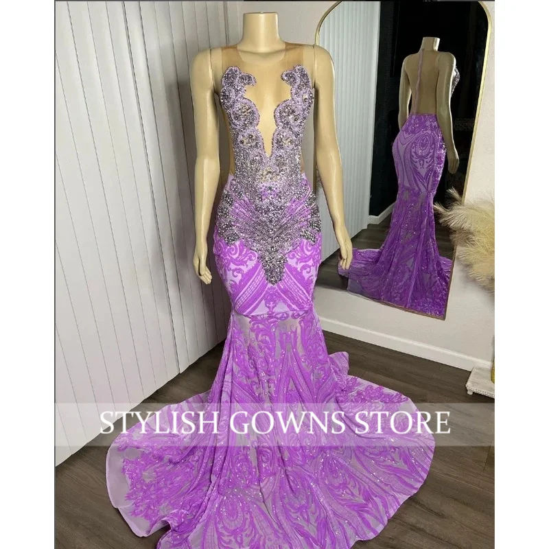 Dreamy Purple Dazzling Mermaid Prom Dress Sparkling Diamante Beaded Applique African Custom Musical Party Dresses