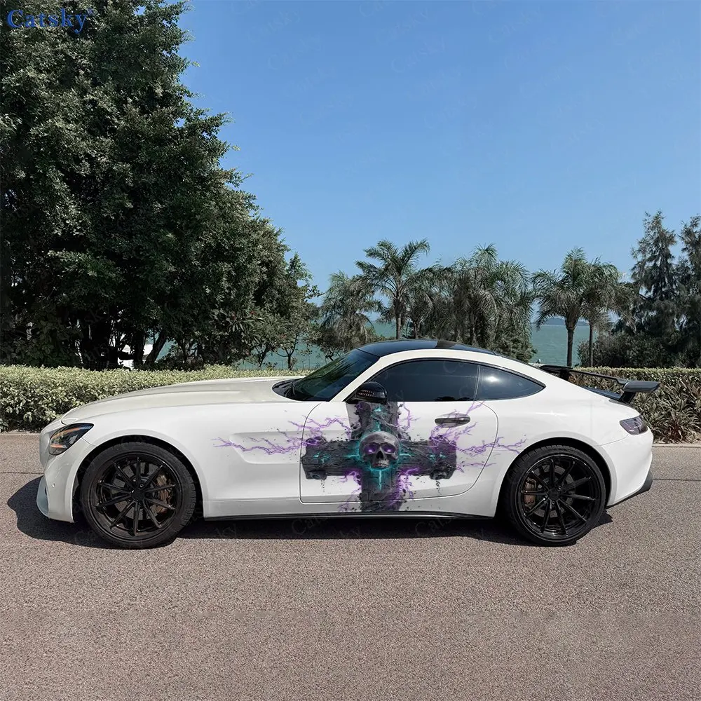 2pcs Purple Lightning Skull Cross Car Side Wraps, Self-Adhesive PVC Waterproof & Scratch-Resistant Stickers, Car Accessory Gift