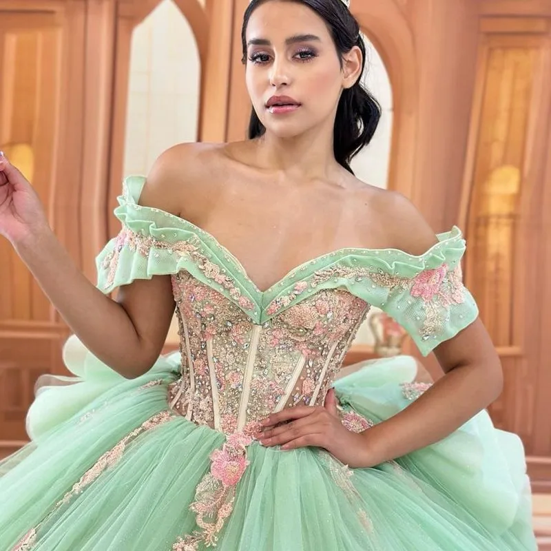 Angelsbridep pintinho sage verde ruched quinceanera vestidos de baile apliques 3d flores formal baile formatura vestidos personalizados