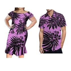 Summer Outing Polynesian Print Tailored Couple Suit Women's Slim-Fit One-Line Neck Dress And Men's Button Shirt