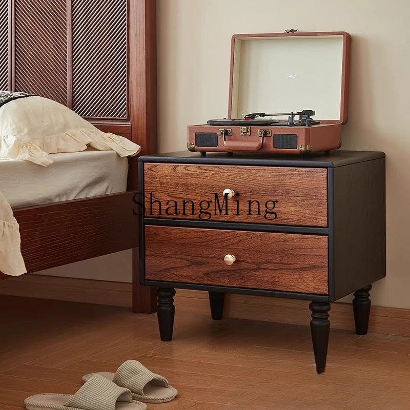 

FG retro wooden drawer type solid wood bedside table household finishing simple storage cabinet