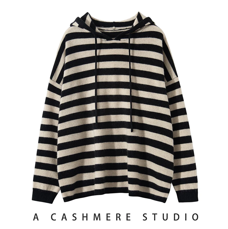 2023 Autumn Winter New 100% Pure Cashmere Sweater Women Hooded Pullovers Warm Tops Female Striped Loose Large Size Knit Jumper