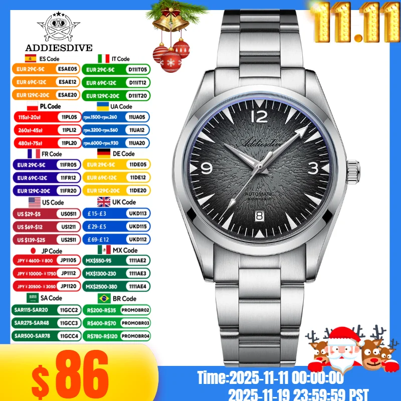 

ADDIESDIVE 39MM Men Dress Watch Calendar 10Bar Waterproof AD2508 316L Stainless Steel Japan 8215 Automatic Mechanical Watches