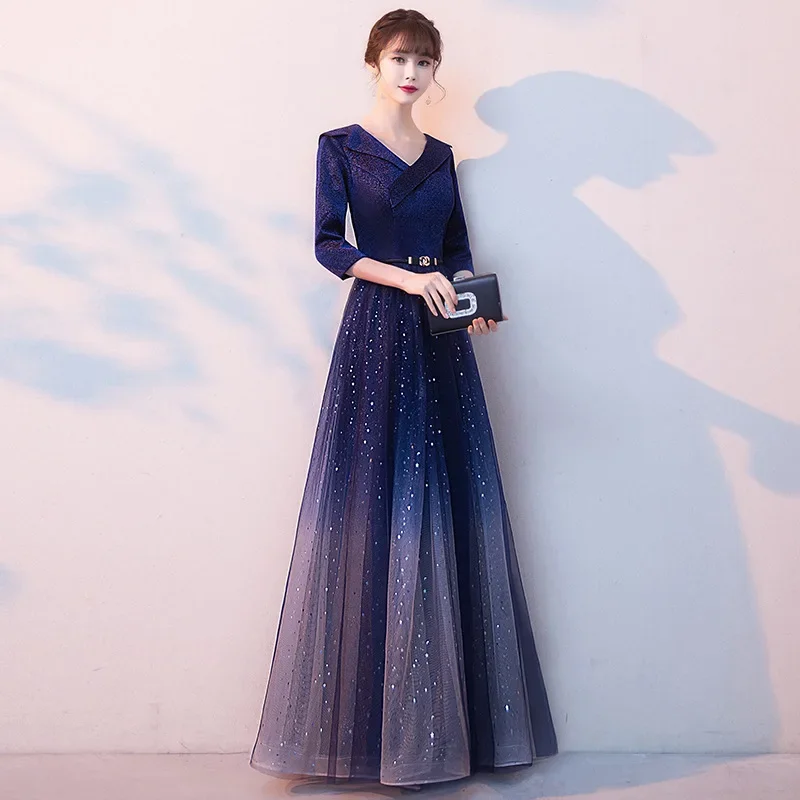 Evening Dress Navy Blue Satin Bling Tulle V-Neck 3/4 Sleeves Zipper Back A-Line Floor Length Women Party Formal Gown Plus size