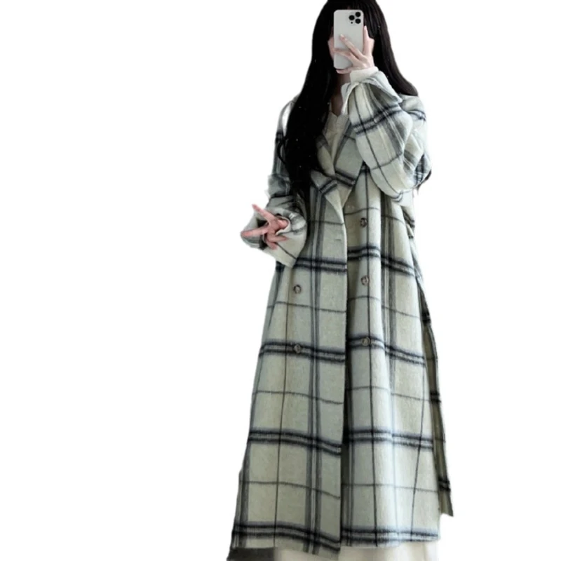 Fashion Retro Style Suit Collar Long Sleeve Plaid Woolen Women's Coat 2023 Autumn Winter Double Breasted Stitching Woolen Coat