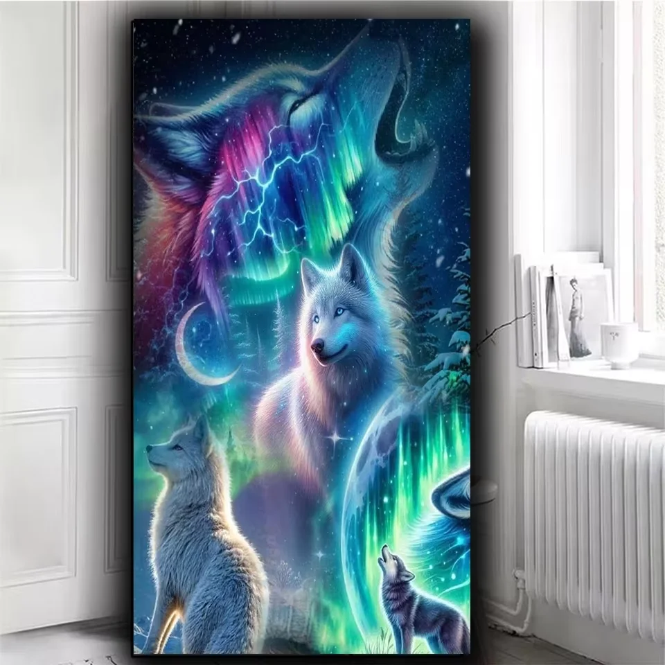 DIY Diamantmalerei Aurora-Landschaft mit Wölfen, Diamant-Stickerei-Kunst, Voll-Diamant-Mosaik, Kreuzstich-Tiermotiv, Heimdekoration, Geschenk