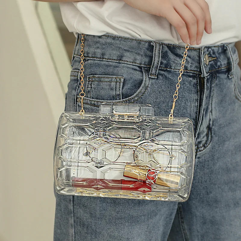 2025 Transparent Handbag Women's Clutch Purse Honeycomb Acrylic Evening Bag Metal Chain Shoulder Bags for Party