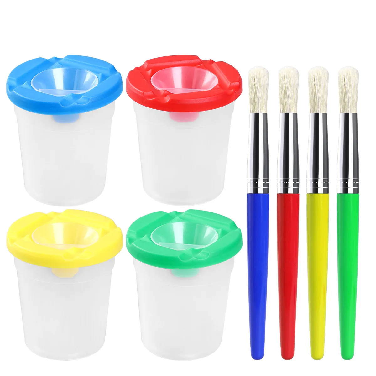 4Pcs Childrens Painting Brush Set Premium Bristle Plastic Handle Paint Cups Spill Proof for Kids Drawing Beginners