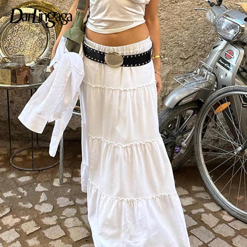 

Darlingaga Streetwear White Loose Holidays Maxi Skirt Stitching Ruffles Ruched A-Line Summer Beach Women Skirt Long Sweet Bottom