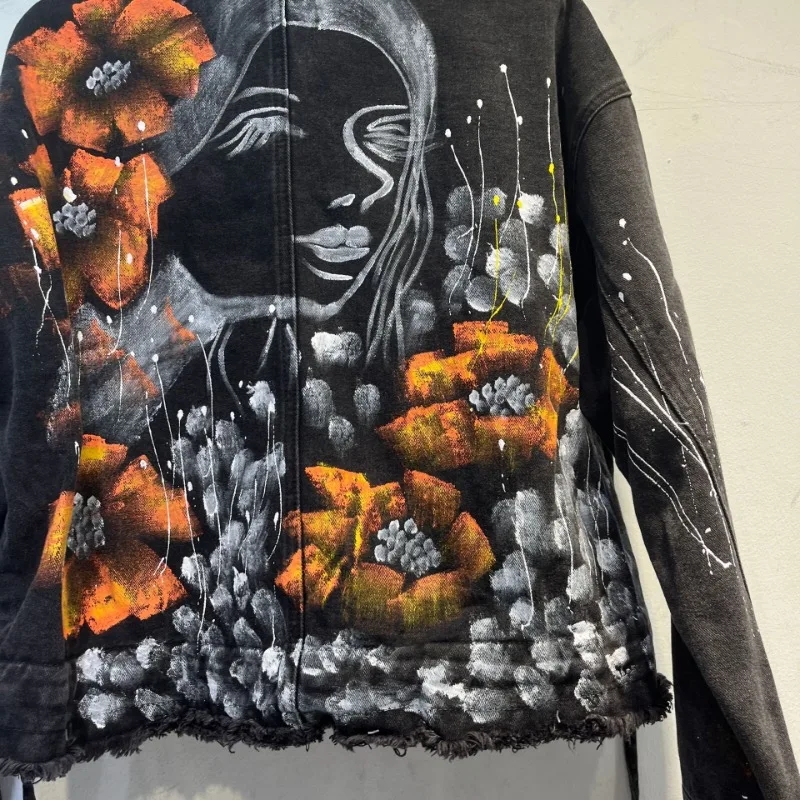 European Style High Sense Graffiti Denim Jacket 2025 Autumn New BF Heavy Industry Skinny Top Coat Single-breasted Outwear Ladies