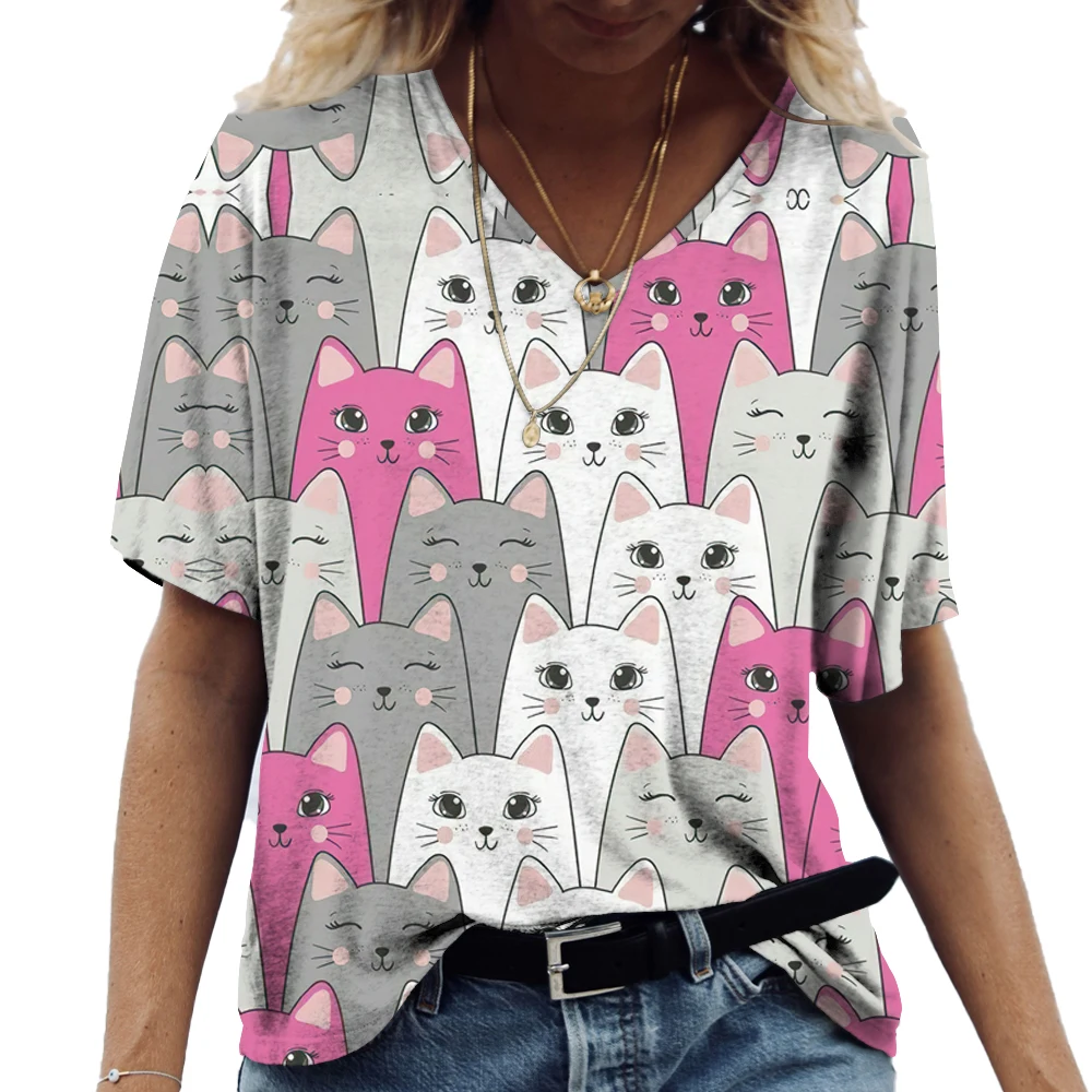 2023 V-neck Women's T-shirt Cat Print High Quality Women' Top Everyday Casual Clothing Funny Oversized-shirt Sports Short Sleeve