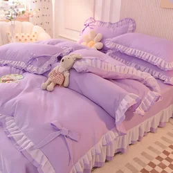 Roxo Conjuntos De Cama Kawaii Seersucker Folha De Cama Fronha Moda Menina Princesa Capa De Edredão 4 Peças Bonito Decoração Para Casa