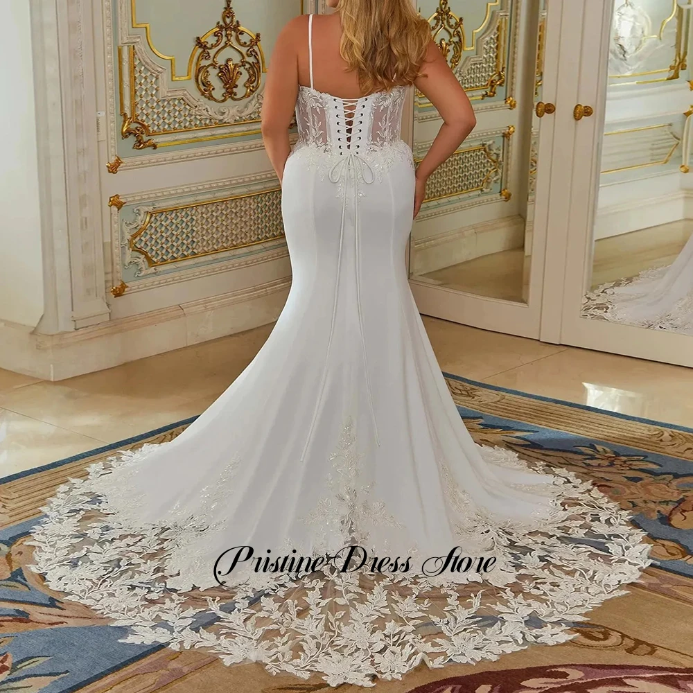 Classic Mermaid Jersey Plus Size Wedding Dress Women Spaghetti Straps Appliques Court Train Side Slit Bridal Gowns Customized